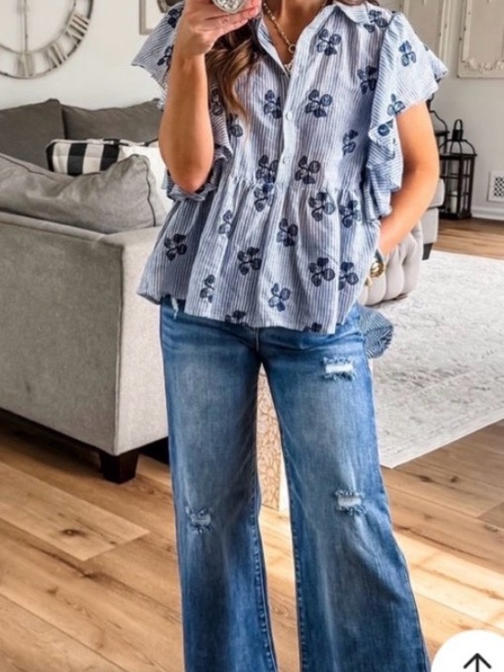VOY Blue Stripe Embroidered Ruffle-Sleeve Blouse - Picture 9 of 9